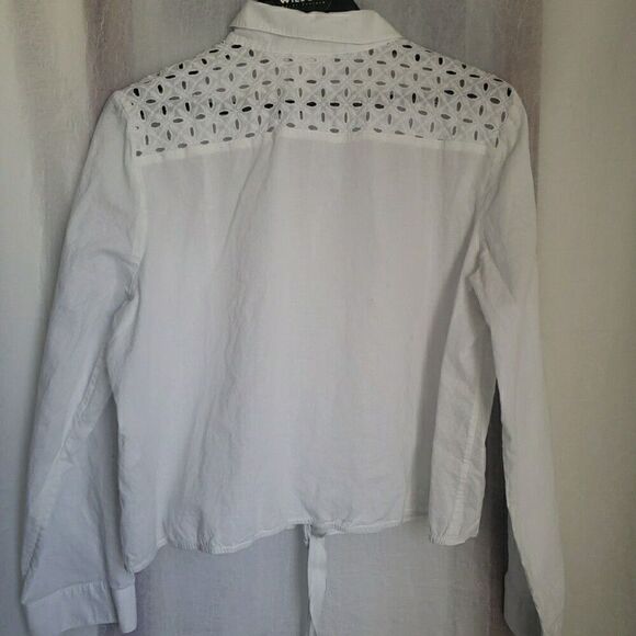 Chico's Women's Size 3 US XL White Eyelet Knot Shirt Semi Sheer Button Up Cotton - Picture 7 of 11